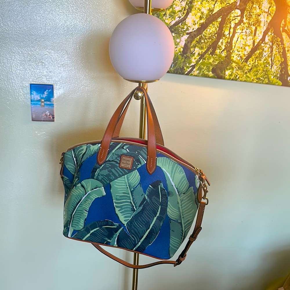 Dooney & Bourke Blue and Green Shoulder Bag with Tropical Leaf Print